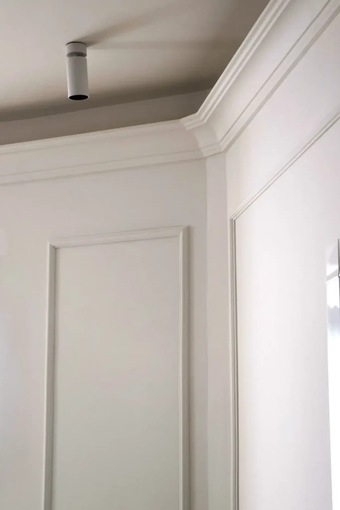 Detalle de las molduras clásicas de pared y de la cornisa del techo con foco cilíndrico blanco